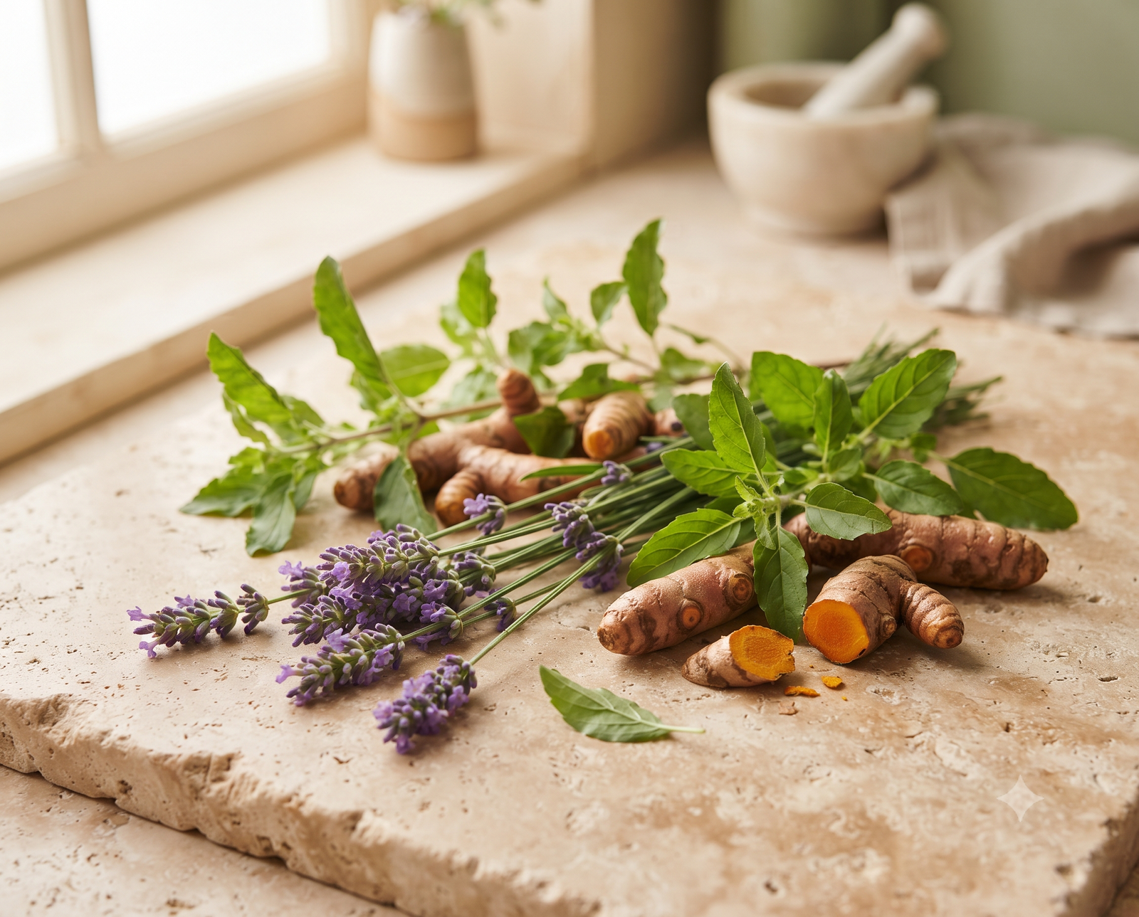 Lavender, tulsi and turmeric root