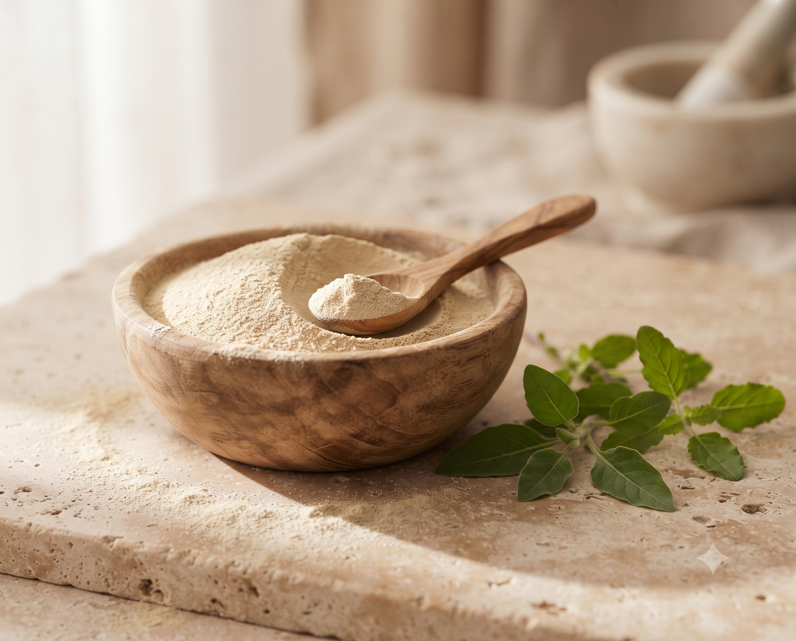 Botanical powder in a wooden bowl